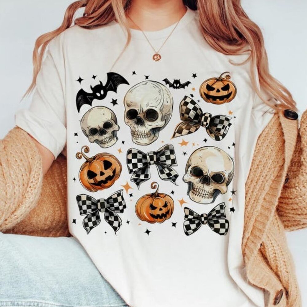 Halloween T-Shirt, Spooky Skull Pumpkin Bat Bow Shirt